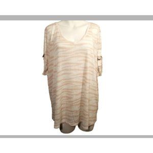 24/7 Maurice Top Tee Shirt Beige White Animal Print Short Sleeve V-Neck Size 2